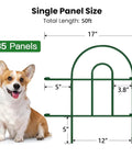 No Dig Rustproof Metal Garden Fence Kit with 35 pre-linking panels, dimensions 18" high x 17" wide, next to a dog.