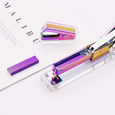 Clear Rainbow Acrylic Stapler And Staples Remover Set For Your Desk with stainless steel rod, showing sleek executive style and durable ABS build