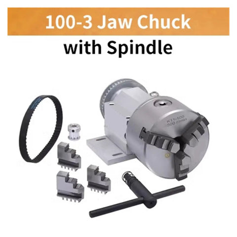 3 Jaw Chuck 100mm with spindle, steel clamping tool, adjustable jaws, CNC router accessory, secure grip on round workpieces