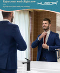 Single Hole Matte Black Bathroom Faucet With No Fuss One Handle Pop Up Drain 304 Stainless Steel Drip Free Ceramic Cartridge 23 Inch Hose Easy Five Minute Install For Modern Vanity seen next to mirror