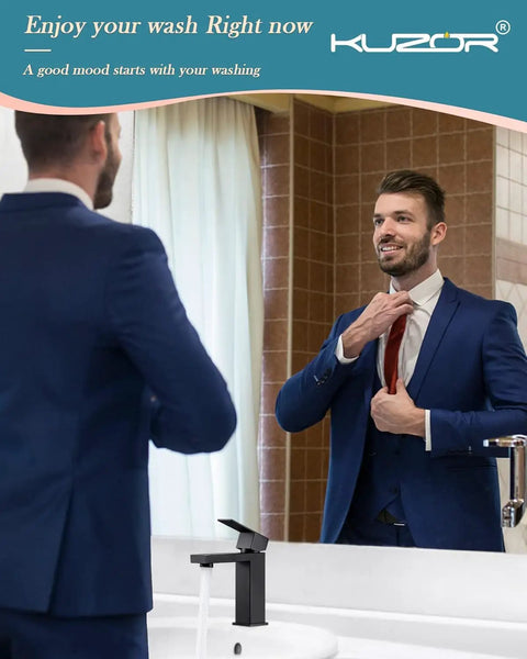 Single Hole Matte Black Bathroom Faucet With No Fuss One Handle Pop Up Drain 304 Stainless Steel Drip Free Ceramic Cartridge 23 Inch Hose Easy Five Minute Install For Modern Vanity seen next to mirror