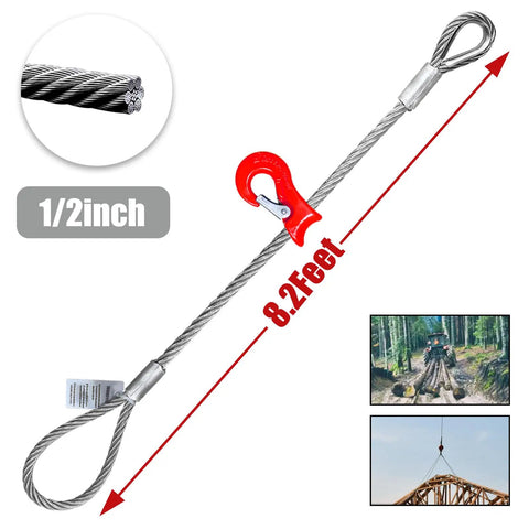 Single Leg Wire Rope Sling 2.5 Ton Vertical Rating, 0.5 Inch Diameter, 8.2 Foot Length, Flemish Eye Loop Turnback With Thimble