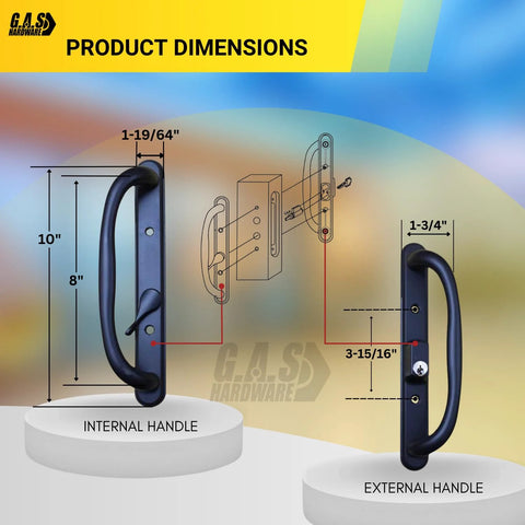 Diagram of Sliding Glass Patio Door Offset Pull Handle Set With Keys Replacement For 3 15/16 Inch Hole Spacing And 1 1/4 To 2 1/4 Inch Door Thickness, 10 Inch Escutcheon Plate, showing internal and external handles with measurements.