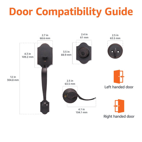 Door compatibility guide showing dimensions for Heavy Duty Front Door Lock Set With Smooth Gliding Shelby Lever And Keyed Cylinder Entry.