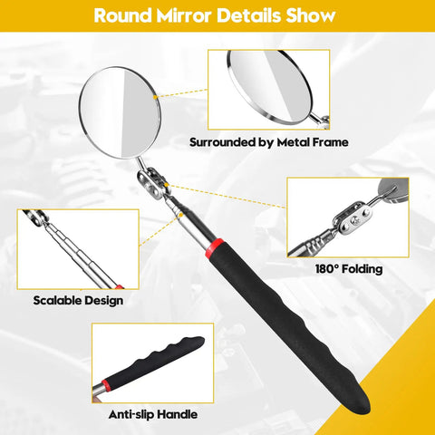 Telescoping Inspection Mirror Kit With 4 Replaceable Mirrors Flexible Extendable Reach 360 Degree Rotating Round And Bendable Square Surfaces Extendable Mirror On A Stick Pro Grade Auto Storage Bag, round mirror detail with metal frame, scalable design, anti-slip handle, 180-degree folding.