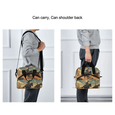 Person carrying Desert Cowboy Style Insulated Lunch Bag 10L Cooler Tote Leakproof Portable with shoulder and hand straps