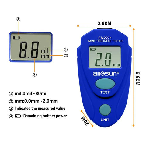 Handheld Portable Paint Coating Thickness Meter 0 To 2 Mm Non Destructive Tester For Iron Steel And Aluminum With Auto Shut Off For Quick Accurate Coating Readings On The Go Field Use And Easy Operation With Clear Consistent Readouts, blue unit, 3.8cm display
