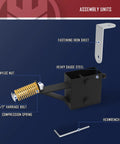 Heavy Duty AR500 Steel Hostage Target Stand System, showing assembly unit with nyloc nut, compression spring, and hex wrench