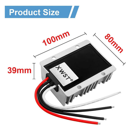 Beefy 12V To 48V DC Boost Converter Module 8A 384W showing dimensions 100mm x 80mm x 39mm with visible wires