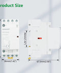 Rugged 25A AC Contactor Featuring Four Normally Open Terminals And Din Rail Mounting A Smooth Operator For Darn Easy Smart Home Mods EV Charger Installations HVACs And Multi Circuit Lighting Controls 120V Coil White showing side and front views with dimensions.