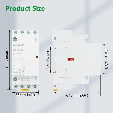Rugged 25A AC Contactor Featuring Four Normally Open Terminals And Din Rail Mounting A Smooth Operator For Darn Easy Smart Home Mods EV Charger Installations HVACs And Multi Circuit Lighting Controls 120V Coil White showing side and front views with dimensions.