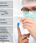 Front view of a scientist in protective gear holding a blue 2ml polypropylene microcentrifuge tube with cap; EO sterilized
