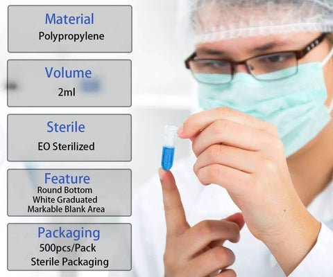 Front view of a scientist in protective gear holding a blue 2ml polypropylene microcentrifuge tube with cap; EO sterilized