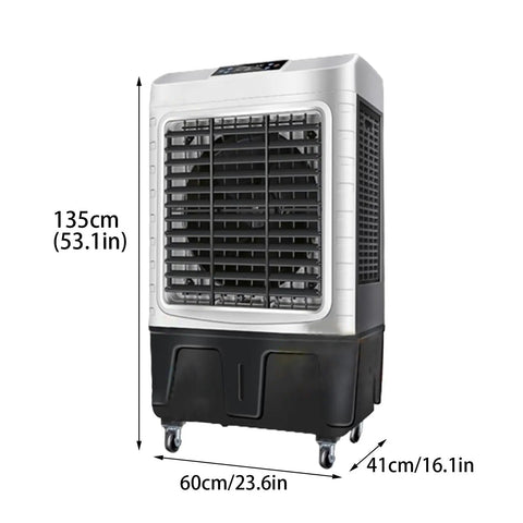 Keep It Crisp Top Tier Portable Evaporative Air Cooler Tower With 19 Gallon Water Tank, 135cm tall, equipped with wheels for easy movement.
