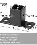 Eight Pack Workhorse Square Post Flange Base Brackets For One Inch Square Tubing Featuring Prepunched Holes And Durable Matte Black Coating with dimensions