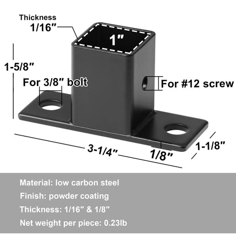 Eight Pack Workhorse Square Post Flange Base Brackets For One Inch Square Tubing Featuring Prepunched Holes And Durable Matte Black Coating with dimensions