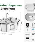 Stainless Steel Cat Water Fountain 108oz 3.2L With Water Level Window assembly components view, including tank and filter
