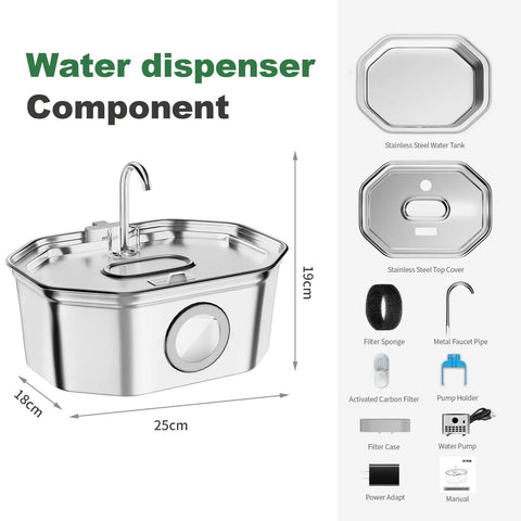 Stainless Steel Cat Water Fountain 108oz 3.2L With Water Level Window assembly components view, including tank and filter