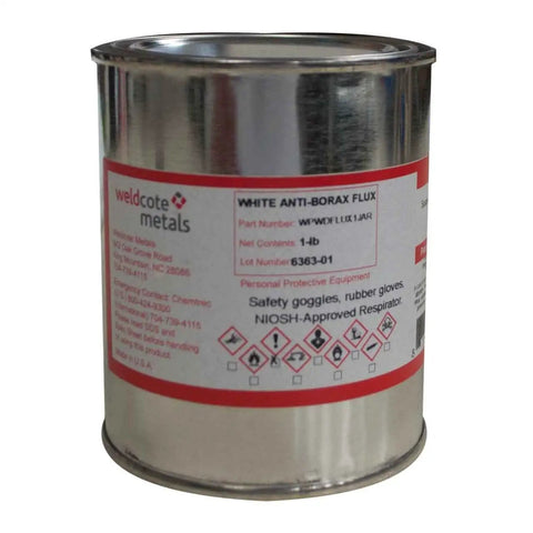 Anti Borax Brazing Flux 1 Lb Pro Grade Flux Powder for deep penetration with safety warnings visible on can