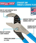 Tongue And Groove Pliers 426 Straight Jaw 0.87 Inch Jaw Heat Treated Teeth 6.5 Inch Length Made In USA Permalock Strong Joint