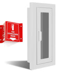 Recessed Fire Extinguisher Wall Cabinet in Galvanized Steel for 10 lb Extinguishers, Magnetic Door, side view with sign