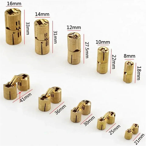 Copper Barrel Hidden Cabinet Hinge Set for Furniture, Cylindrical Concealed Brass Hinge shown in various sizes