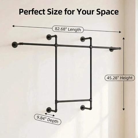 Heavy Duty Industrial Pipe Clothing Rack With Four Hanging Rods Wall Mounted Garment Rack Black Steel Frame dimensions 82.68" length 45.28" height