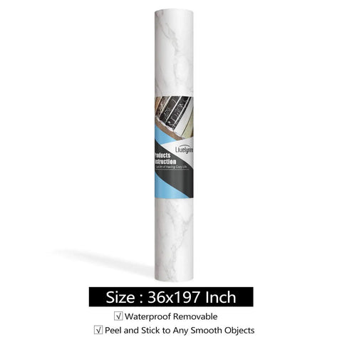 Ultra Wide 36 By 197 White Marble Peel And Stick Countertop Wallpaper roll showing seamless design and packaging.