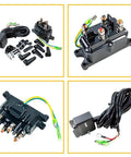 12V 250A Winch Solenoid Relay Contactor with terminal caps, rocker thumb switch, ATV UTV components and mounting brackets.