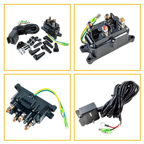 12V 250A Winch Solenoid Relay Contactor with terminal caps, rocker thumb switch, ATV UTV components and mounting brackets.