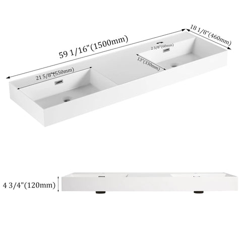 Top Shelf Heavy Duty Sixty Inch Bathroom Resin Sink With Slick Modern Countertop Basin Waterproof Finish No Hassle Setup For Contemporary Home Renovations And Style Boosters side view with measurements.