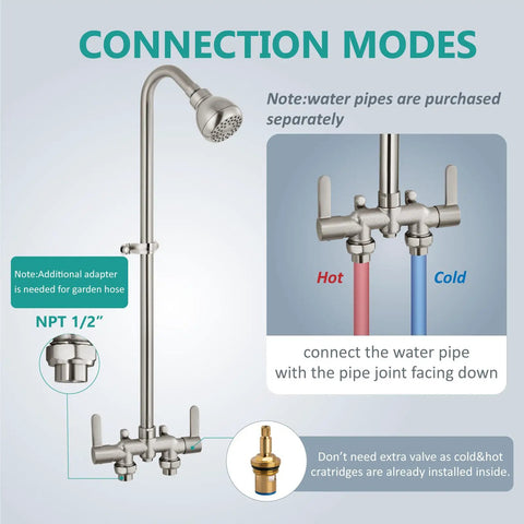 Killer Outdoor Shower Kit Featuring Solid Brass Mixing Valve And Stainless Steel Pipe With Dual Handle Brushed Nickel Finish And All Season Weather Proof Build For Your Ultimate Backyard Oasis Setup