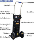 Heavy Duty Electric Stair Climber Hand Truck For Moving Heavy Gear Safely Over Curved Or Straight Steps With Telescopic Handle And 1200w Power Boosting features an industrial lithium battery and adjustable handrail.