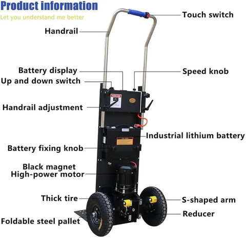 Heavy Duty Electric Stair Climber Hand Truck For Moving Heavy Gear Safely Over Curved Or Straight Steps With Telescopic Handle And 1200w Power Boosting features an industrial lithium battery and adjustable handrail.