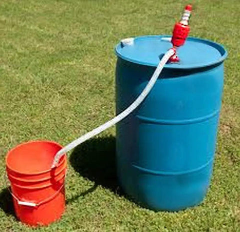 Hassle Free Plastic Drum Siphon Pump Works Like A Charm With Five Gallons Per Minute Flow Rate connecting blue drum to red bucket.