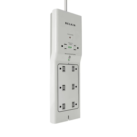 8 Outlet Conserve Switch Surge Protector With Remote, 4ft Cord, White Power Strip For Computer Desk Setup