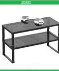 Metal Stackable Expandable Storage Shelf For Kitchen Cabinet Bathroom Office Garage Space Saving Multi Functional Home Organizer Freely Adjustable Durable Metal Rack Black Large 1 Pack with dumbbell