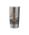Stainless steel insulated tumbler front view with workshop lathe graphic and copper-toned gears.