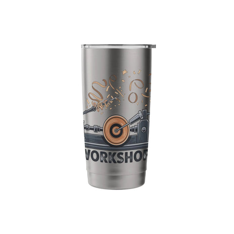 Stainless steel insulated tumbler front view with workshop lathe graphic and copper-toned gears.