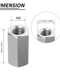 Heavy Duty Stainless Steel Hex Coupling Nuts M8x1.25 Thread Two Piece Set 25mm Length 13mm Width dimensions showcasing size.