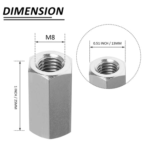 Heavy Duty Stainless Steel Hex Coupling Nuts M8x1.25 Thread Two Piece Set 25mm Length 13mm Width dimensions showcasing size.