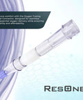ResOne oxygen tubing swivel connector; clear plastic body with purple tubing, 360-degree rotation (front view).