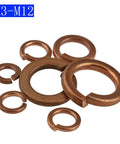 Lock Washer Kit For M3 To M12 Metric Brass Split And Spring Washers GB93 DIN 127 M5 20pcs Pack Built For Auto Upgrades And DIY Projects Dope Enough For Heavy Duty Fastening Gear Accessories. brass split lock washers M3-M12 on white background