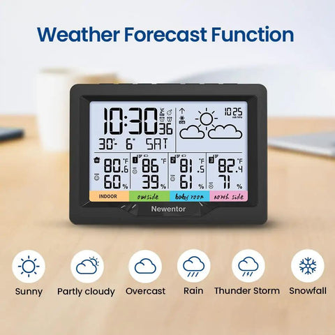 Four Zone Wireless Indoor Outdoor Weather Station With Digital Atomic Clock And Temperature Humidity Monitor, black display on table