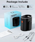 Package contents of Portable Waist Fan With 6 Speed Turbo Airflow And 15000 RPM, 30 Hour Battery Life, including fan, USB-C cable, lanyard, and manual.