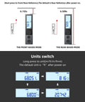 Front and rear-based measurement modes on pocket size laser distance meter with alloy housing, backlit display, and unit switching.