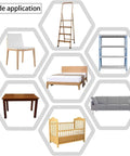 Wide application collage featuring various furniture like a chair, bed, table, shelf, sofa, and crib for Heavy Duty Rubber Furniture Glide Caps Square Chair Leg Covers Non Slip Floor Savers Rock Solid Grip Easy Breezy Slide On Install Scratch Proof Pad Bulk Pack For Hardwood And Tile Floors.