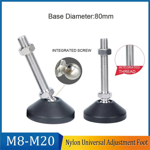 Durable Nylon Adjustable Threaded Leveling Feet With Swivel Base for Furniture Legs, D80 base, M8-M20 thread, integrated screw