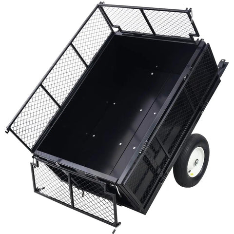 Beefed Up 2 In 1 Dumping System ATV Trailer Steel Dump Cart Heavy Duty Tow Behind Cart for Tractors with removable sides, 22 cu ft, black