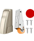 Heavy Duty Gate Support Wheel Quietly Fixes Sagging Wood Doors With Smooth Rolling Caster including caster wheel, bracket, screws, and red washer.